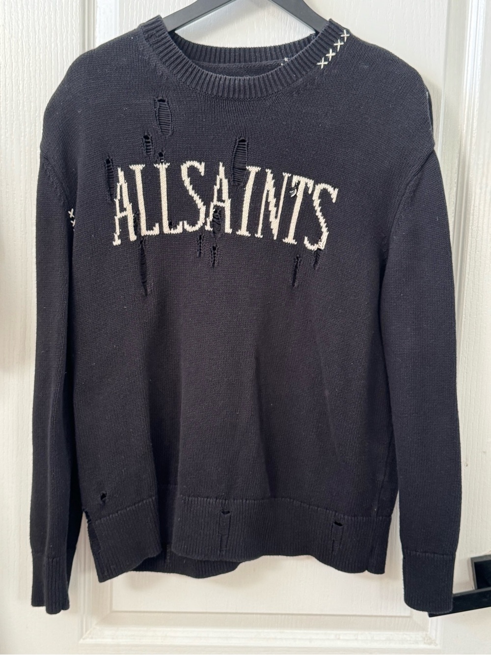 All Saints Black Distressed Logo Knit Sweater